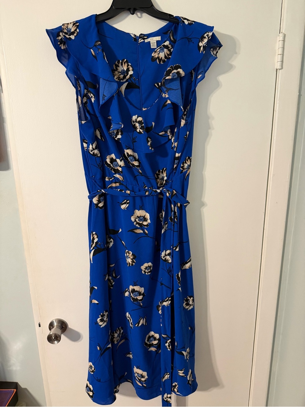 Royal Blue Floral Ruffle Midi Dress with Self Tie Waist
